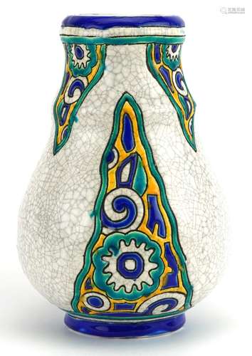 Boch Freres, French Art Deco crackle glaze vase enamelled wi...