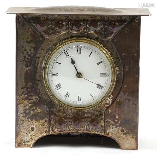 Arts & Crafts silver plated copper mantle clock embossed...