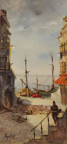 Buildings before moored boats and fishermen, oil on canvas, ...