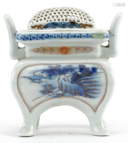 Japanese Hirado porcelain four footed Koro with twin handles...