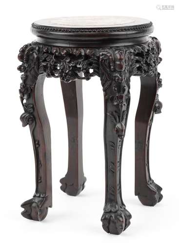 Chinese hardwood vase stand with inset marble top finely car...