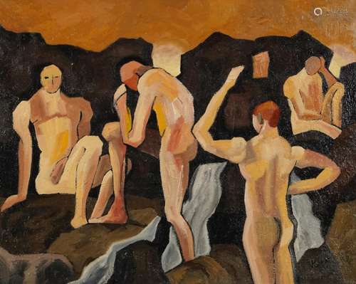 After Keith Vaughan - Figures bathing, Irish school oil on c...