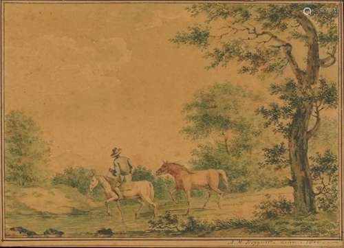 Figure on horseback before a landscape, early 19th century w...