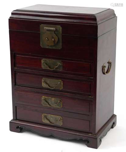 Chinese hardwood four drawer collectors chest with hinged li...