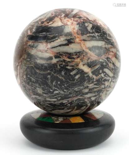 Italian pietra dura stand and a marble ball, 11cm in diamete...