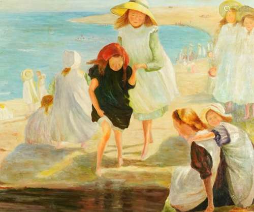 Manner of Laura Knight - Children playing on a beach, Modern...