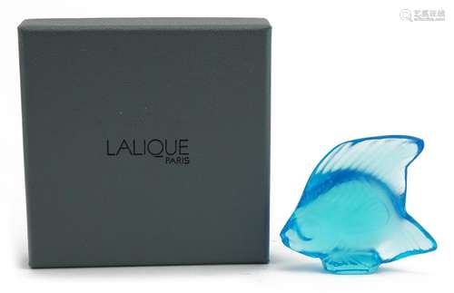 Lalique France, blue glass angel fish with box, etched Laliq...