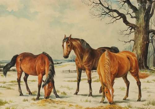 Three horses grazing in a snowy landscape, 20th century Engl...