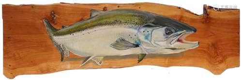 Clive Fredriksson - Study of a salmon, oil on rustic wood pa...