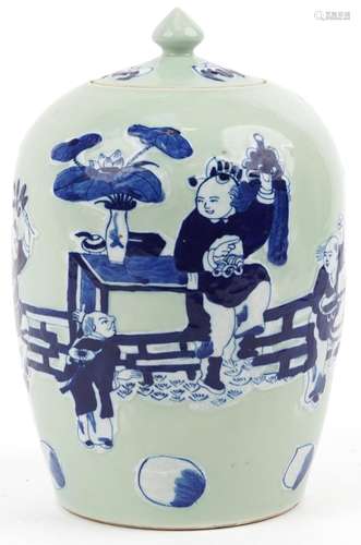 Chinese celadon ground blue and white porcelain jar and cove...