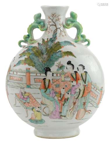 Chinese porcelain vase with twin animalia handles hand paint...