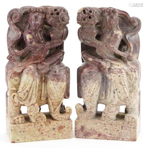 Good pair of Chinese soapstone bookends, each finely carved ...