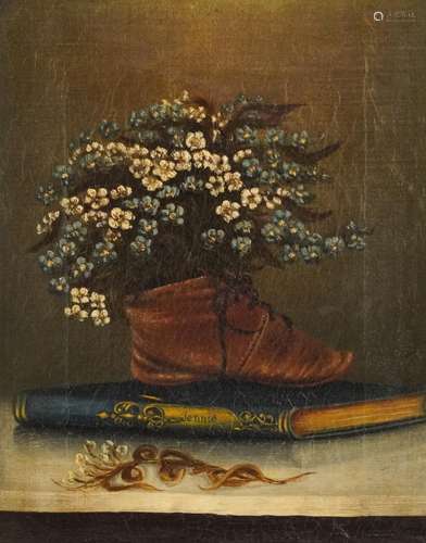 Still life flowers in a boot, 19th century oil on canvas, in...