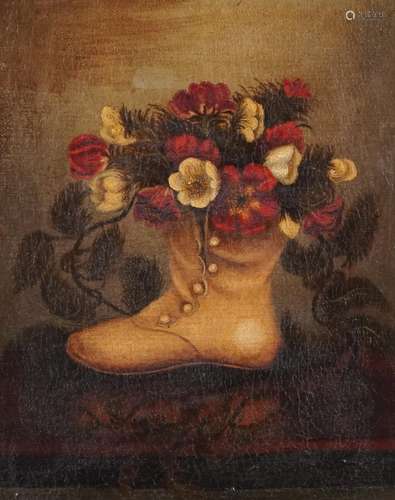 Still life flowers in a boot, 19th century oil on canvas, mo...