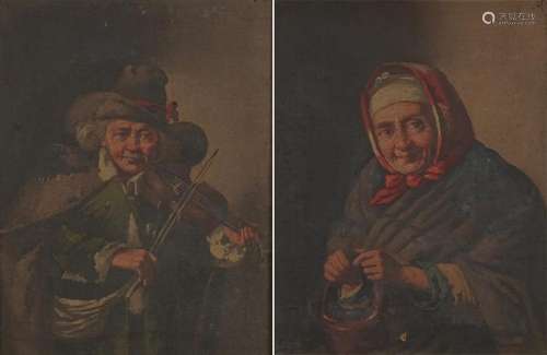 Gentleman playing a violin and female wearing a bonnet, pair...