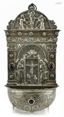 Russian silver holy water font embossed with religious scene...