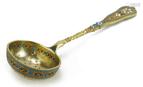 Silver gilt champleve enamel sifting spoon, impressed Russia...