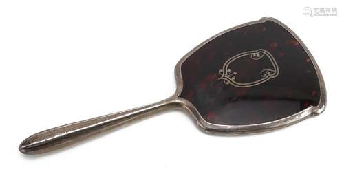 George V silver and tortoiseshell pique work hand mirror, Bi...