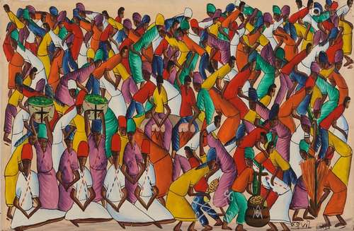 Murat Saint Val - Figures dancing, Haitian folk art oil on c...