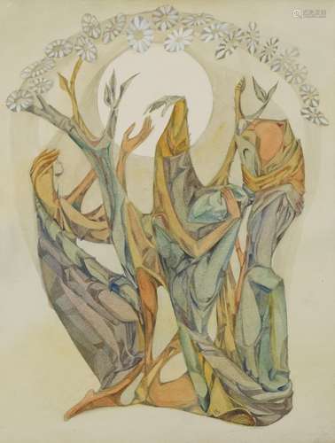 Three surreal figures beneath a moon and flowers, watercolou...