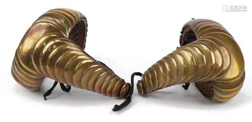 Pair of early 20th century firemans brass and leather epaule...