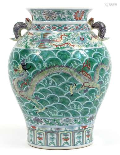 Large Chinese doucai porcelain vase with twin animalia handl...