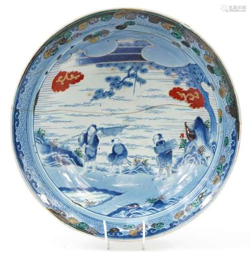 Chinese blue and white porcelain shallow bowl decorated in l...