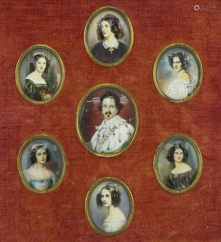 Framed display of seven oval portrait miniatures of Konig Lu...