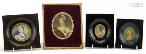 Four oval and circular portrait miniatures including a hand ...