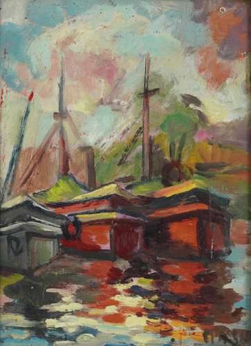 Three moored boats, Impressionist oil on board, indistinctly...