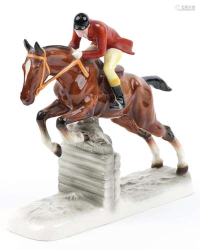 Katzhutte, German porcelain figure group of a jockey on hors...