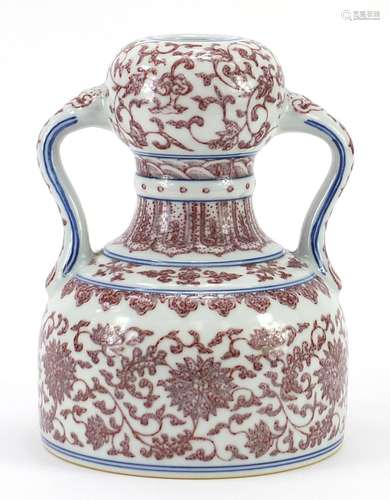 Chinese porcelain twin handled vase hand painted in iron red...