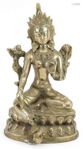 Chino Tibetan silvered bronze figure of Buddha, impressed ma...