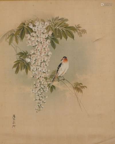 Bird of paradise amongst flowers, Chinese watercolour on sil...