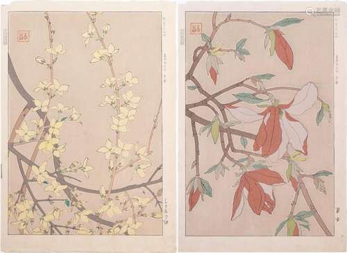 Flowers and leaves, pair of Japanese woodblock prints with c...