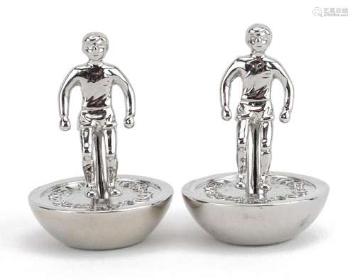 Two white metal Subbuteo table top soccer figures, 3cm high,...