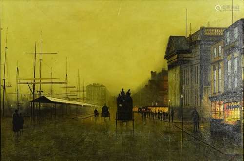 Liverpool street scene with figures before ships, oil on boa...