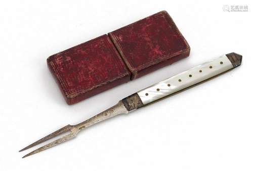 Victorian silver and mother of pearl folding fork with case,...