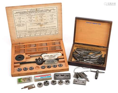 Bergeon, vintage tap and die stock set with handle and a col...