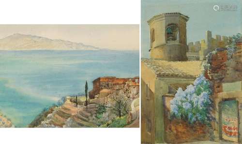 Italian bell tower and coastal landscape with villa, two con...