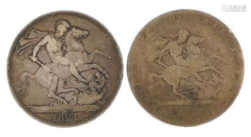 Two silver crowns comprising George III and George IV 1821 :...