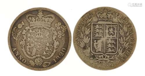 Two silver half crowns comprising George IV 1820 and Victori...