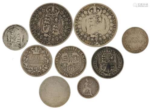 Nine antique British silver coins including 1838 fourpence, ...