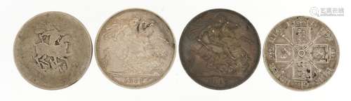 Four George III and later silver coins including two 1887 cr...