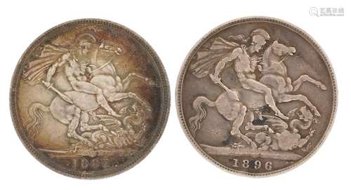 Two Queen Victoria silver crowns comprising 1896 and 1887 : ...