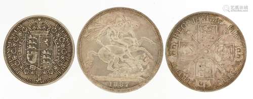 Three Queen Victoria 1887 silver coins comprising crown, dou...