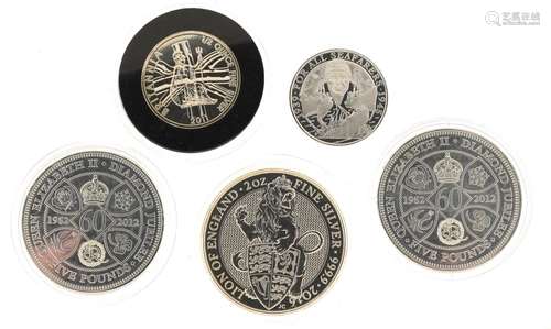 Five Elizabeth II silver proof coins including Lion of Engla...