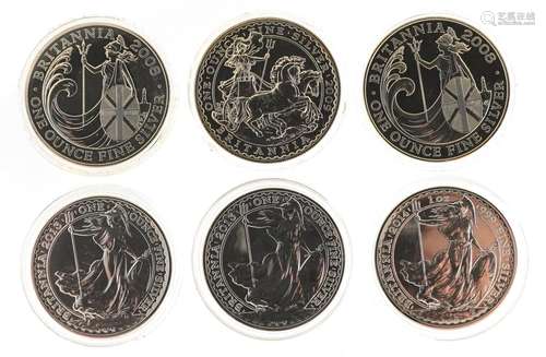 Six Elizabeth II Britannia one ounce fine silver two pound c...