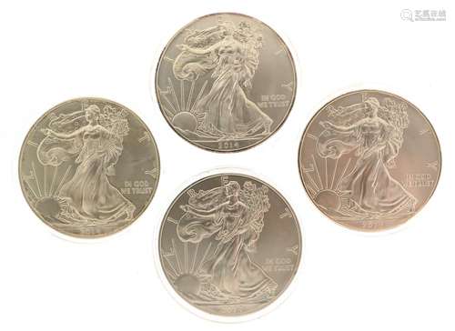 Four 2014 United States of America one ounce fine silver Lib...