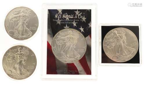 Four United States of America one ounce fine silver Liberty ...